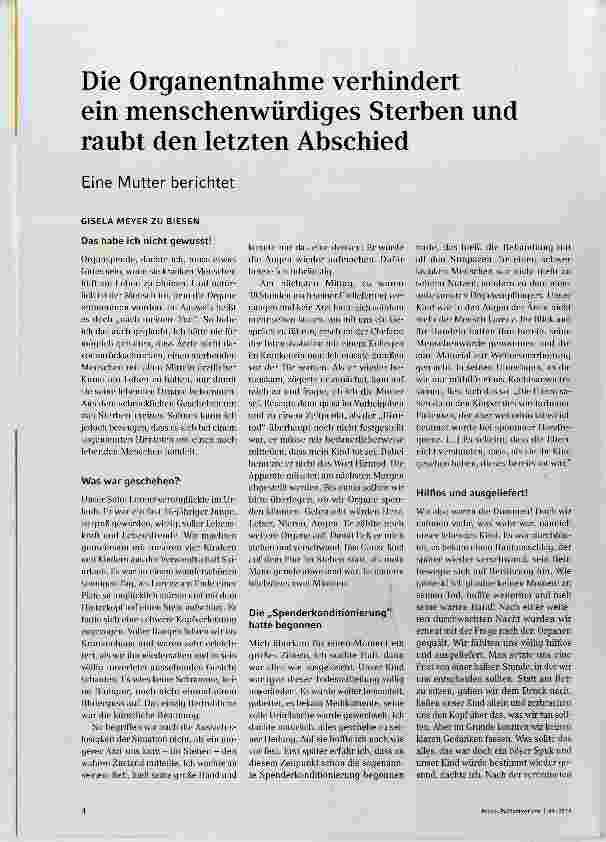 Vorschauseite 1: Die Organentnahme verhindert ein menschenwürdiges Sterben und raubt den letzten Abschied