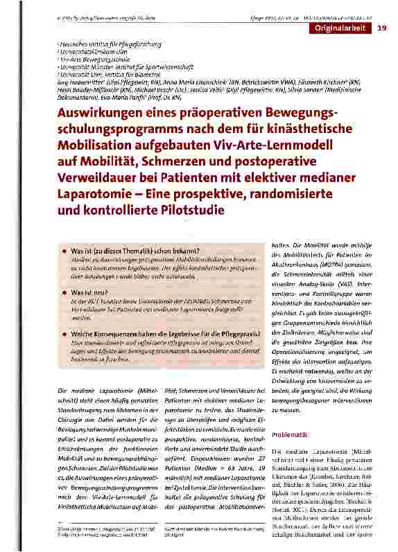 Vorschauseite 1: Auswirkungen eines präoperativen Bewegungsschulungsprogramms nach dem für kinästhetische Mobilisation aufgebauten Viv-Arte-Lernmodell auf Mobilität, Schmerzen und postoperative Ve…