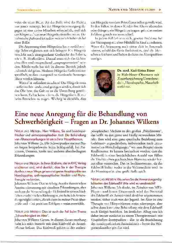Vorschauseite 1: Eine neue Anregung für die Behandlung von Schwerhörigkeit — Fragen an Dr. Johannes Wilkens