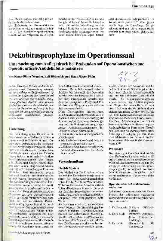 Vorschauseite 1: Dekubitusprophylaxe im Operationssaal Untersuchung zum Aulagedruck bei Probanden auf Operationstischen