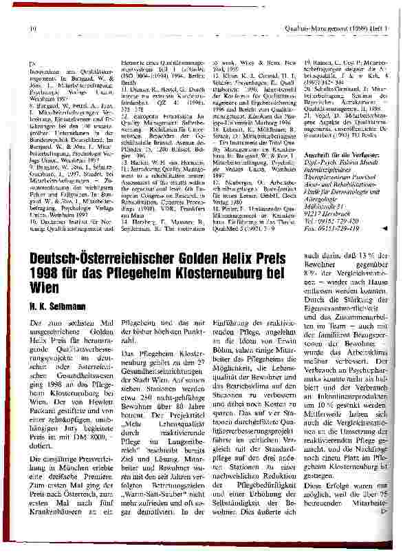Vorschauseite 1: Deusch-Österreichischer Golden Helix Preis 1998 für das Pflegeheim Klosterneuburg bei Wien