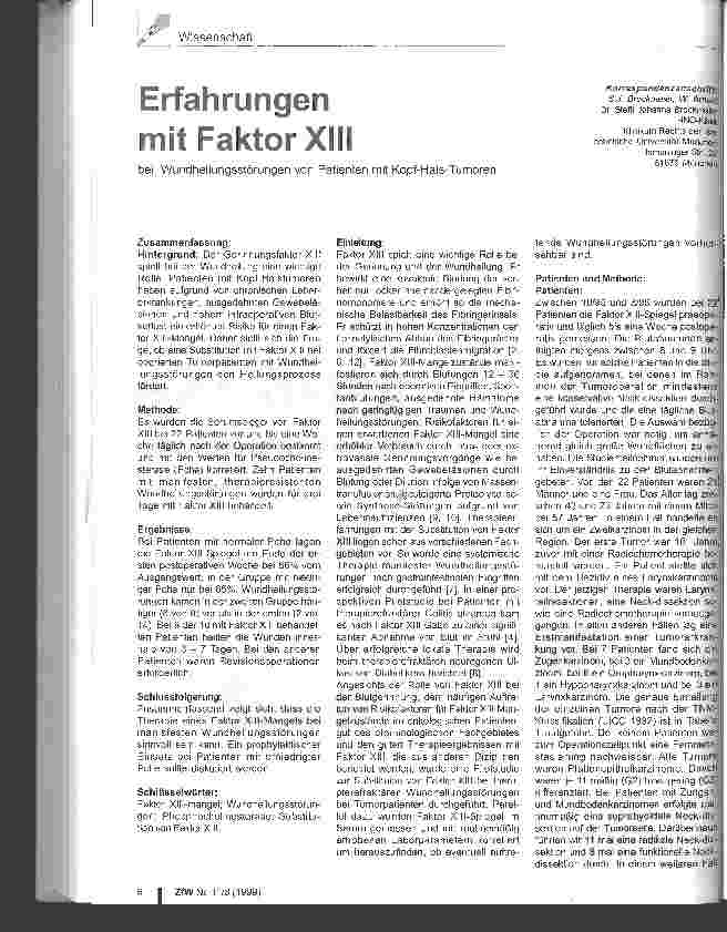 Vorschauseite 1: Erfahrungen mit Faktor XIII bei Wundheilungsstörungen von Patienten mit Kopf-Hals-Tumoren