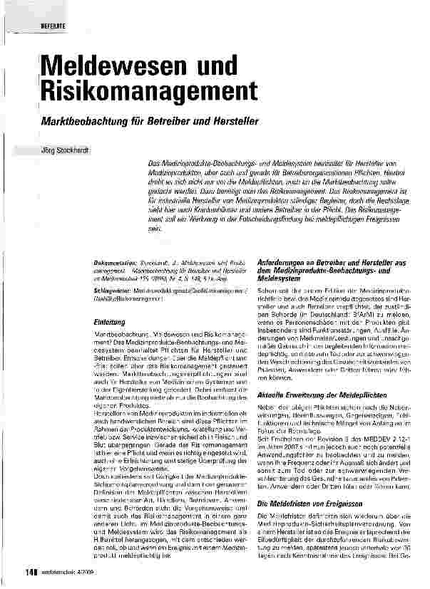 Vorschauseite 1: Meldewesen und Risikomanagement