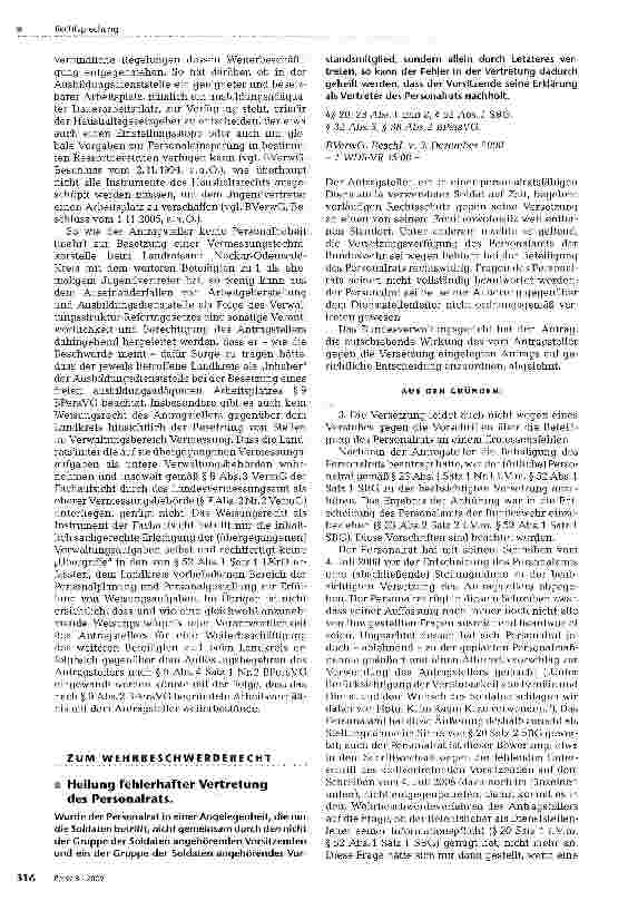 Vorschauseite 1: ZUM WEHRBESCHWERDERECHTHeilung fehlerhafter Vertretung des Personalrats.