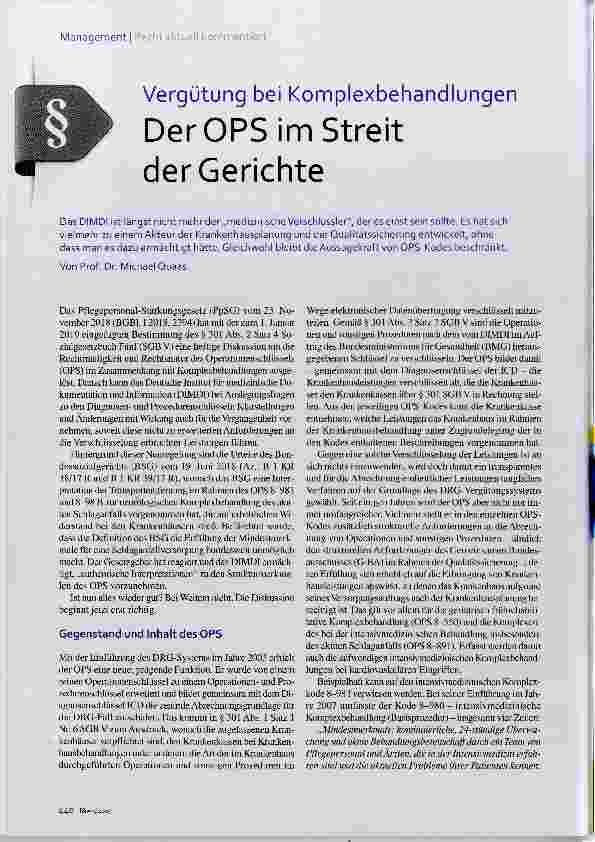 Vorschauseite 1: Vergütung bei Komplexbehandlungen Der OPS im Streit der Gerichte
