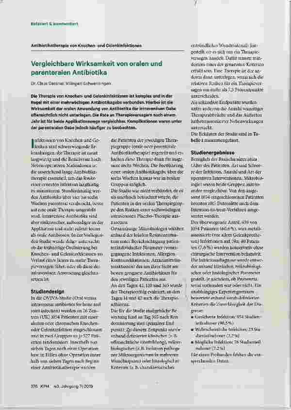 Vorschauseite 1: Vergleichbare Wirksamkeit von oralen und parenteralen Antibiotika