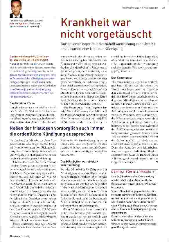 Vorschauseite 1: Bundesarbeitsgericht: Krankheitsandrohung rechtfertigt nicht immer eine fristlose Kündigung