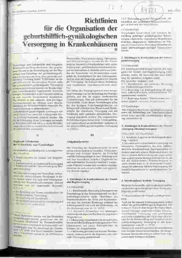 Vorschauseite 1: Richtlinien für die Organisation der geburtshilflichgynäkologischen Versorgung in Krankenhäusern