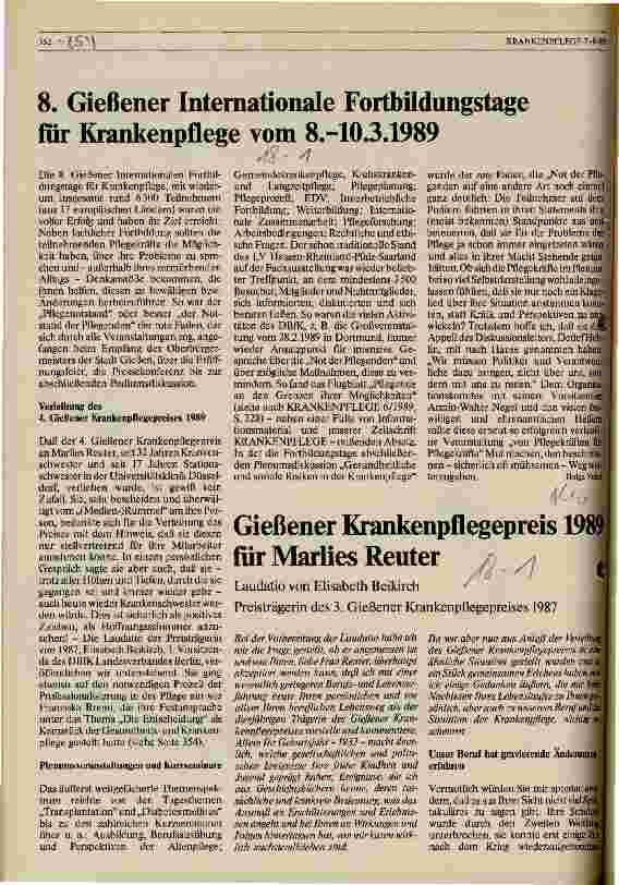 Vorschauseite 1: Gießener Krankenpflegepreis 1989 für Marlies Reuter