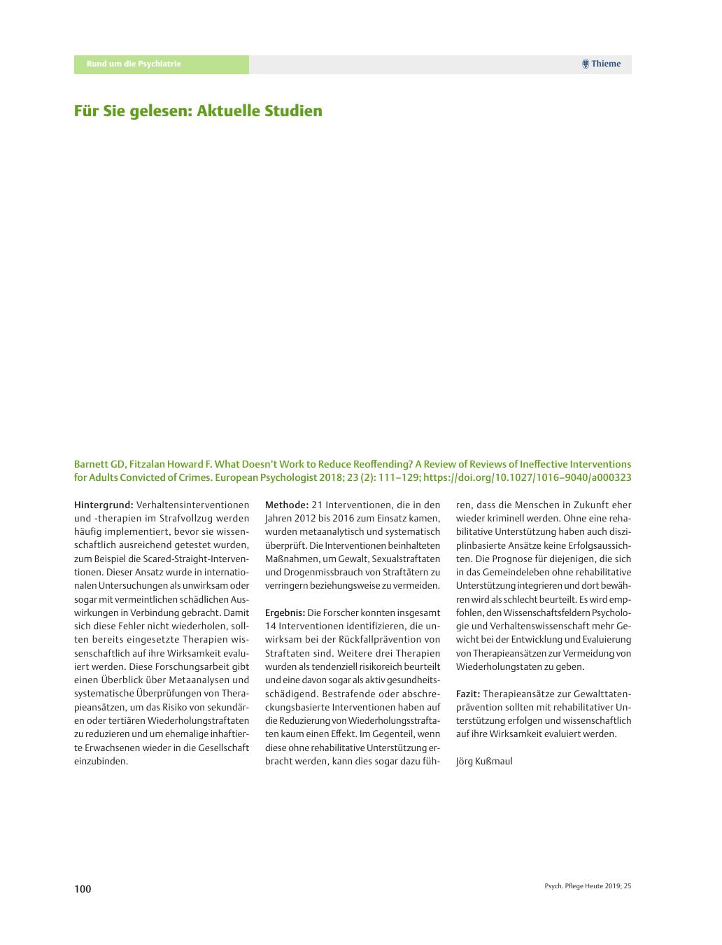 Vorschauseite 1: Für Sie gelesen: Aktuelle Studien: Barnett GD, Fitzalan Howard F. What Doesn’t Work to Reduce Reoffending? A Review of Reviews of Ineffective Interventions for Adults Convicted of…
