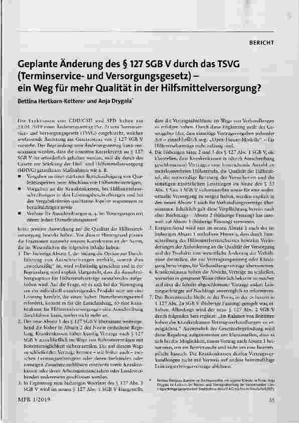 Vorschauseite 1: Geplante Änderung des § 127 SGB V durch das TSVG (Terminserviceund Versorgungsgesetz) ein Weg für mehr Qualität in der Hilfsmittelversorgung?