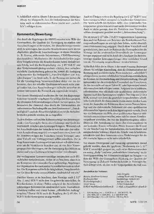Vorschauseite 2: Geplante Änderung des § 127 SGB V durch das TSVG (Terminserviceund Versorgungsgesetz) ein Weg für mehr Qualität in der Hilfsmittelversorgung?