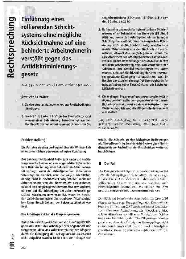 Vorschauseite 1: Einführung eines rollierenden Schichtsystems ohne mögliche Rücksichtnahme auf eine behinderte Arbeitnehmerin verstößt gegen das Antidiskriminierungs-gesetz