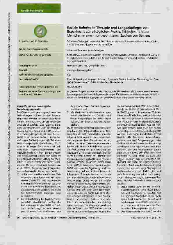Vorschauseite 1: Soziale Roboter in Therapie und Langzeitpflege; vom Experiment zur alltäglichen Praxis. Teilprojekt 1: Ältere Menschen in einem fortgeschrittenen Stadium von Demenz