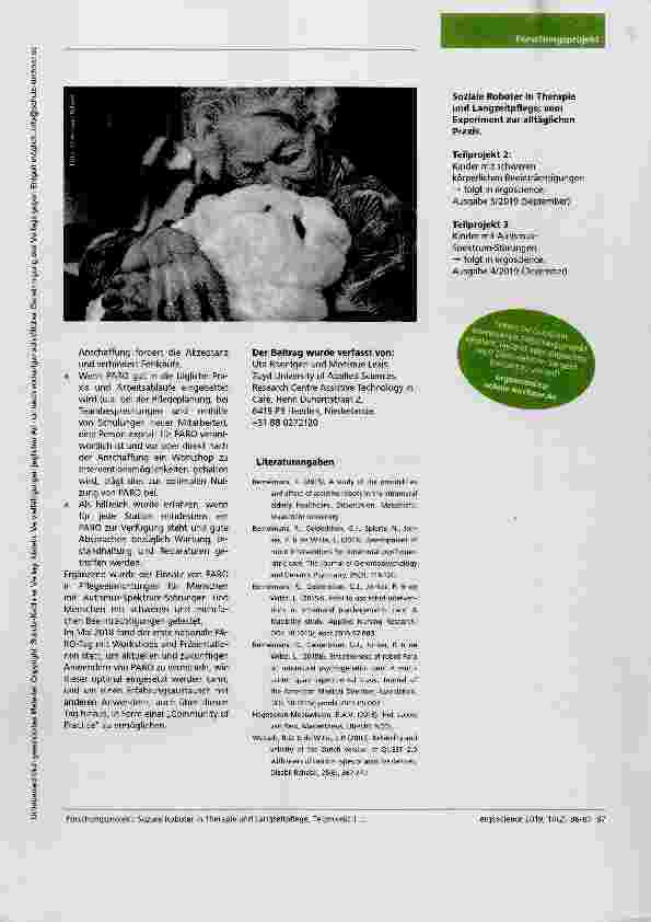 Vorschauseite 2: Soziale Roboter in Therapie und Langzeitpflege; vom Experiment zur alltäglichen Praxis. Teilprojekt 1: Ältere Menschen in einem fortgeschrittenen Stadium von Demenz