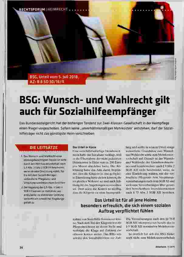Vorschauseite 1: BSG: Wunschund Wahlrecht gilt auch für Sozialhilfeempfänger