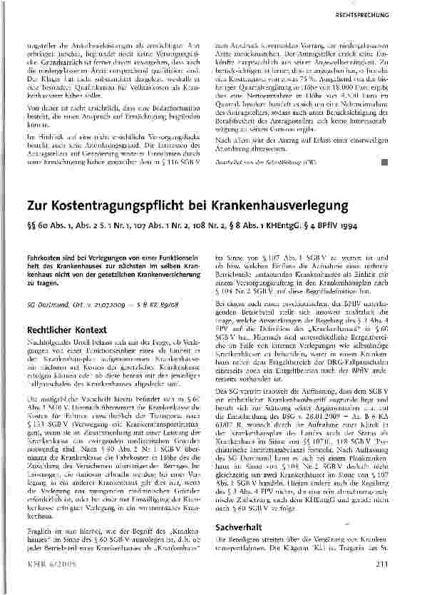 Vorschauseite 1: Zur Kostentragungspflicht bei Krankenhausverlegung