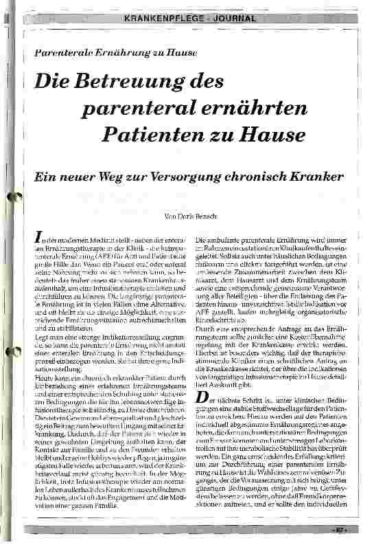 Vorschauseite 1: Die Betreuung des parenteral ernährten Patienten zu Hause Ein neuer Weg zur Versorgung chronisch Kranker