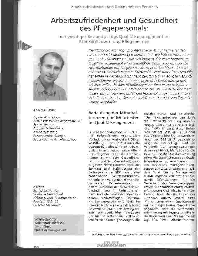 Vorschauseite 1: Arbeitszufriedenheit und Gesundheit des Pflegepersonals
