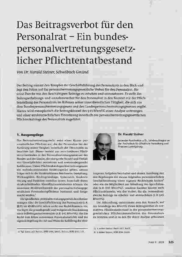 Vorschauseite 1: Das Beitragsverbot für den Personalrat Ein bundespersonalvertretungsgesetzlicher Pflichtentatbestand