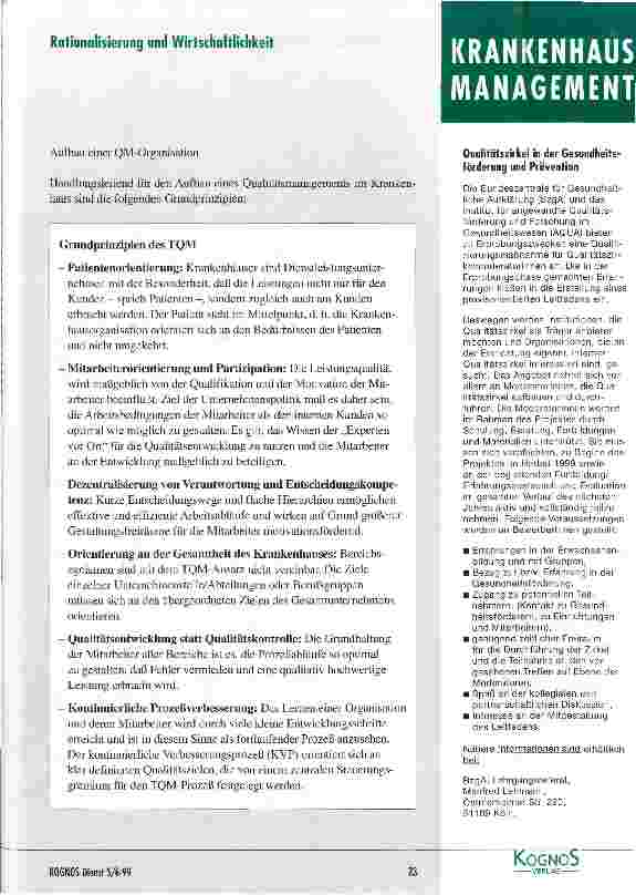 Vorschauseite 2: Kommunale Krankenhäuser auf dem Weg zu modernen Dienstleistungsunternehmen Veränderte Rahmenbedingungen - neue Ziele