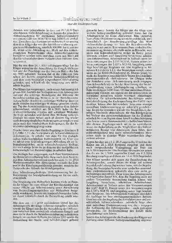 Vorschauseite 3: AGG §§ 1, 3, 7; BetrVG § 75; BGB § 611 Sozialplan - Benachteiligung wegen Behinderung - Renteneintrittsmöglichkeit