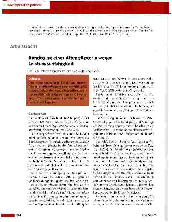 Vorschauseite 1: Kündigung einer Altenpfiegerin wegen Leistungsunfähigkeit