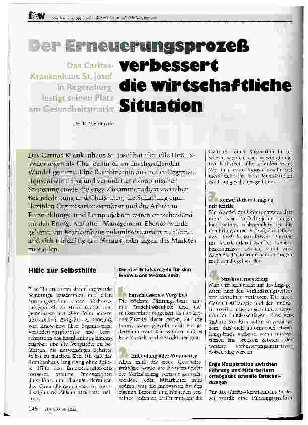 Vorschauseite 1: Der Erneuerungsprozeß verbessert die wirtschaftliche Situation Das Caritas-Krankenhaus St. Josef in Regensburg festigt seinen Platz am Gesundheitsmarkt