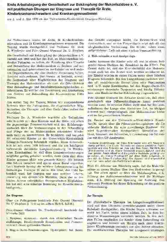 Vorschauseite 1: Erste Arbeitstagung der Gesellschaft zur Bekämpfung der Mukoviszidose e. V. mit praktischen Übungen zur Diagnose und Therapie. ..