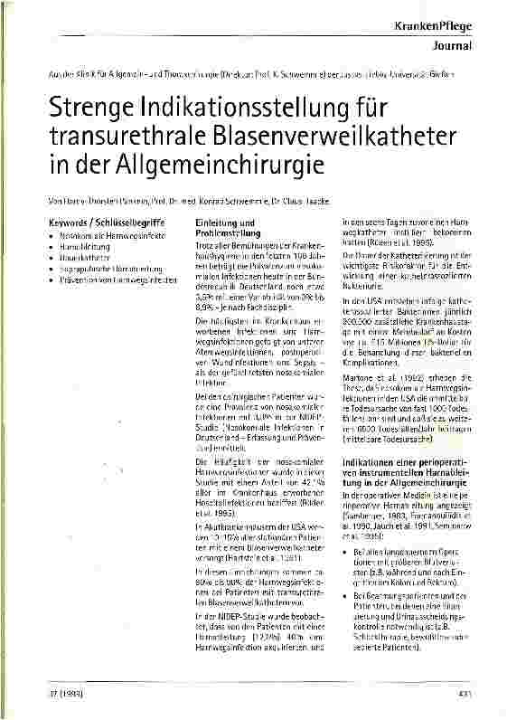 Vorschauseite 1: Strenge Indikationsstellung für transurethrale Blasenverweilkatheter in der Allgemeinchirurgie