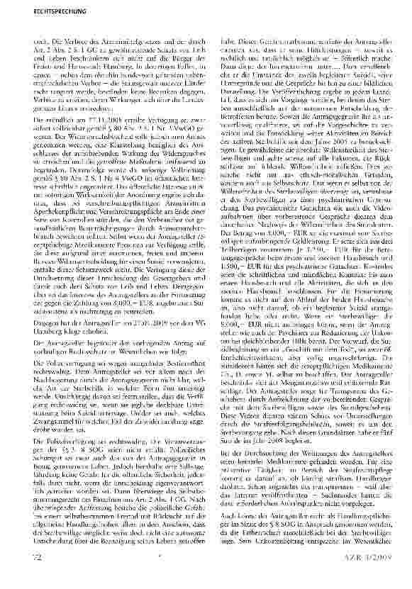 Vorschauseite 4: Arzt darf nicht gegen Zahlung eines Honorars Dienstleistungen zur Erleichterung der Suiziddurchführung anbieten