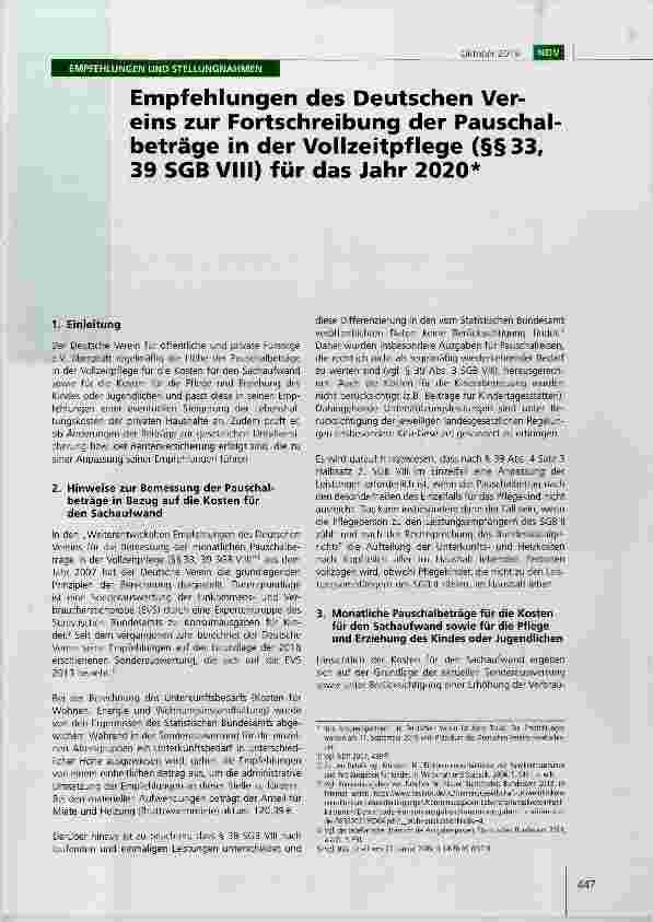 Vorschauseite 1: Empfehlungen des Deutschen Vereins zur Fortschreibung der Pauschal betrage in der Vollzeitpflege (§§ 33, 39 SGB VIII) für das Jahr 2020