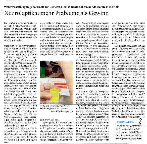 Vorschauseite 1: Wahnvorstellungen gehören oft zur Demenz, Medikamente sollten nur das letzte Mittel seinNeuroleptika: mehr Probleme als Gewinn
