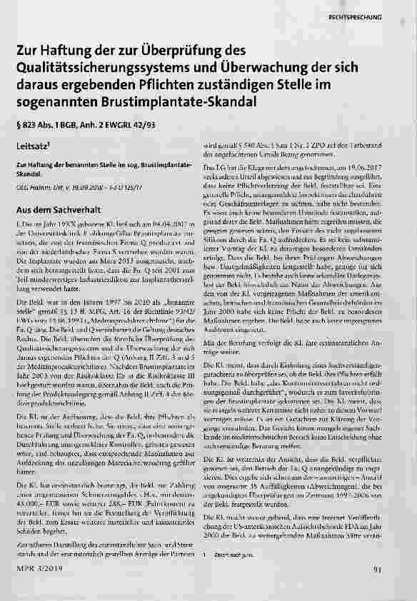 Vorschauseite 1: Zur Haftung der zur Überprüfung des Qualitätssicherungssystems und Überwachung der sich daraus ergebenden Pflichten zuständigen Stelle im sogenannten Brustimplantate-Skandal § 823…