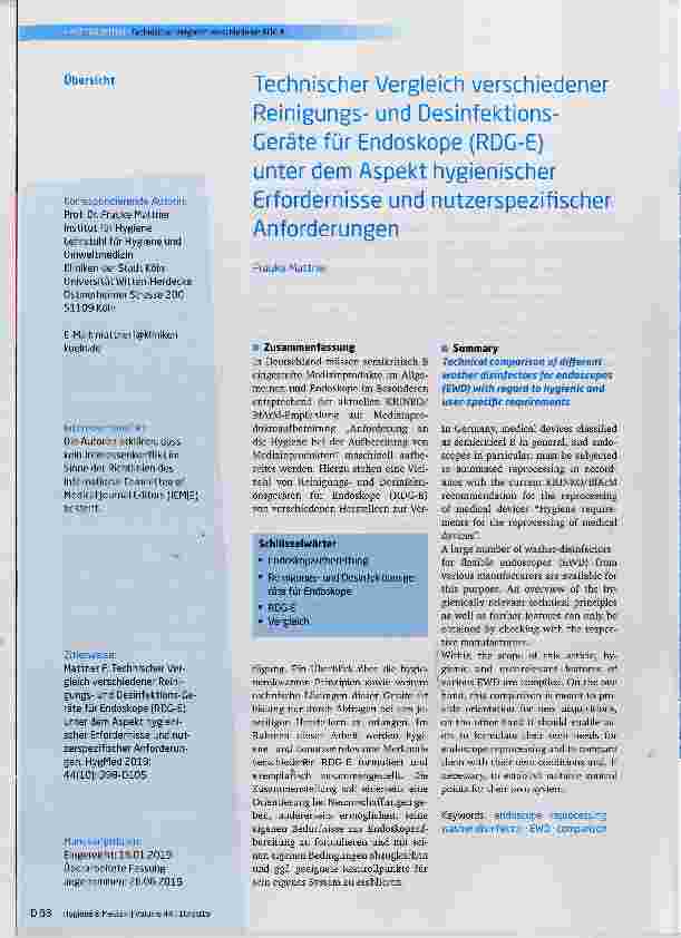 Vorschauseite 1: Technischer Vergleich verschiedener Reinigungsund Desinfektions-Geräte für Endoskope(RDG-E) unter dem Aspekt hygienischer Erfordernisse und nutzerspezifischer Anforderungen