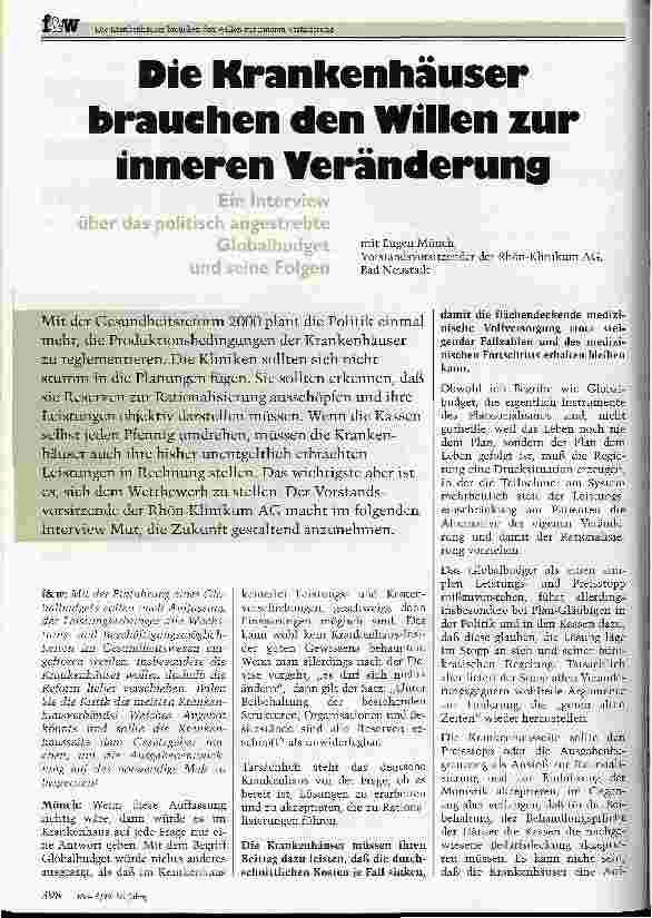 Vorschauseite 1: Die Krankenhäuser brauchen den Willen zur inneren Veränderung Ein Interview über das politisch angestrebte Globalbudget und seine Folgen