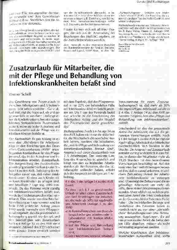 Vorschauseite 1: Zusatzurlaub für Mitarbeiter, die mit der Pflege und Behandlung von Infektionskrankheiten befaßt sind