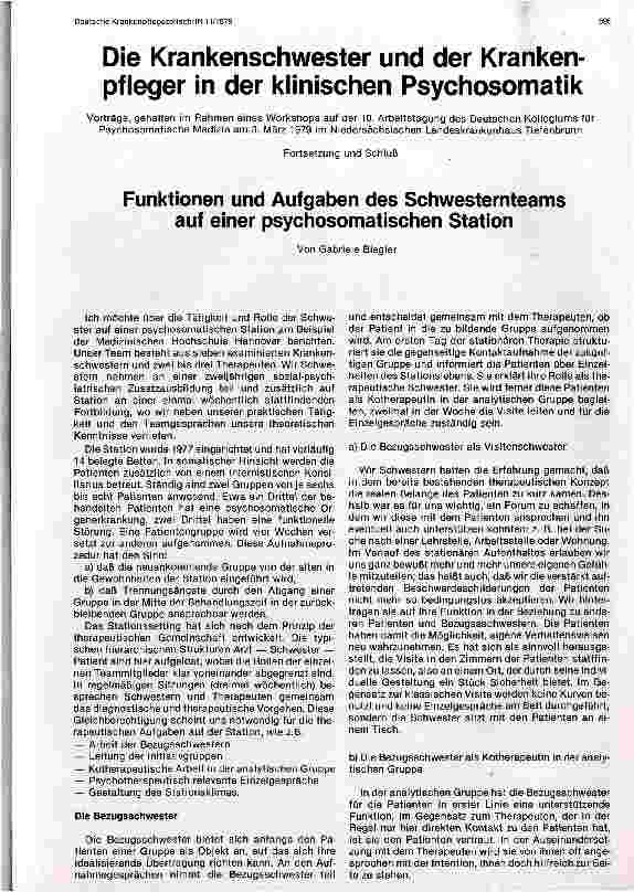 Vorschauseite 1: Funktionen und Aufgaben des Pflegeteams auf einer psychosomatischen Station