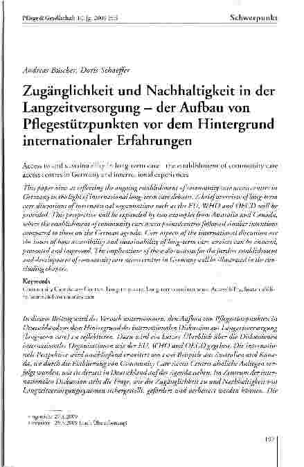 Vorschauseite 1: Zugänglichkeit und Nachhaltigkeit in der Langzeitversorgung — der Aufbau von Pflegestützpunkten vor dem Hintergrund internationaler Erfahrungen