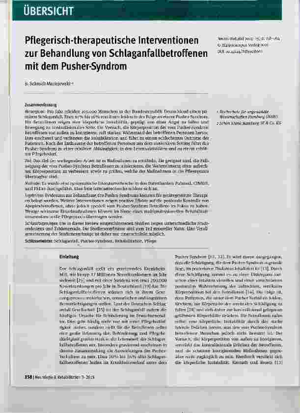 Vorschauseite 1: Pflegerisch-therapeutische Interventionen zur Behandlung von Schlaganfallbetroffenen mit dem Pusher-Syndrom