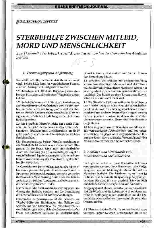Vorschauseite 1: Sterbehilfe zwischen Mitleid, Mord und Menschlichkeit Zur Diskussion gestellt