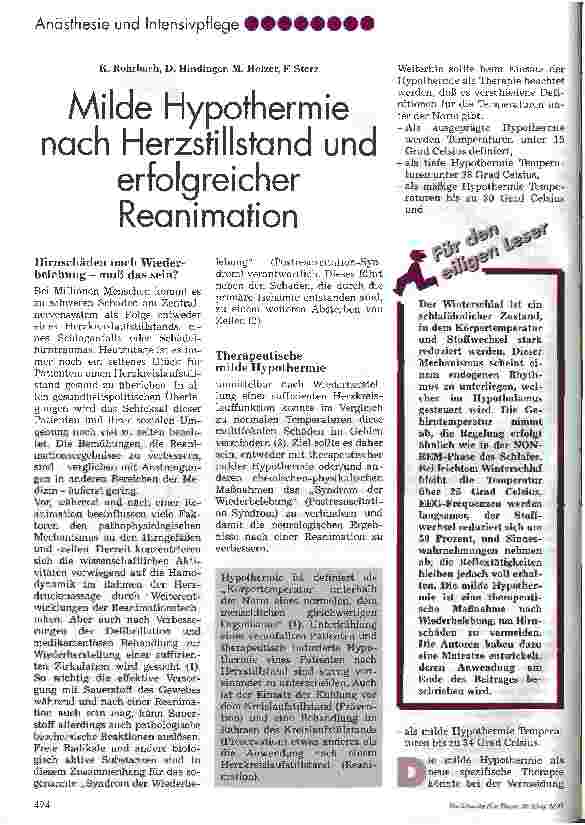 Vorschauseite 1: Milde Hypothermie nach Herzstillstand und erfolgreicher Reanimation