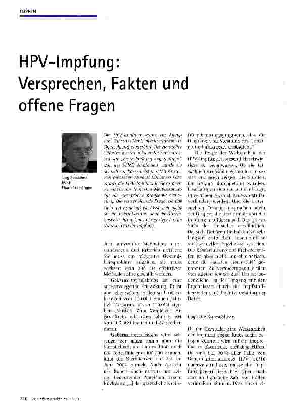 Vorschauseite 1: HPV-lmpfung: Versprechen, Fakten und offene Fragen