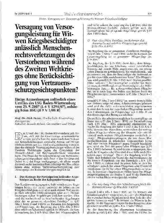 Vorschauseite 1: Versagung von Versorgungsleitung für Witwen Kriegsbeschädigter anlässlich Menschenrechtsverletzungen des Verstorbenen während des Zweiten Weltkrieges ohne Berücksichtigung von Ver…