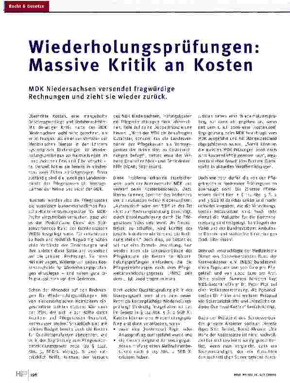 Vorschauseite 1: Wiederholungsprüfungen: Massive Kritik an KostenMDK Niedersachsen versendet fragwürdige Rechnungen und zieht sie wieder zurück.