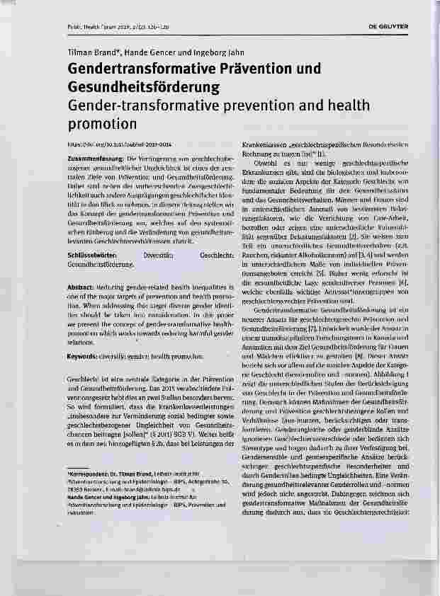 Vorschauseite 1: Gendertransformative Prävention und Gesundheitsförderung