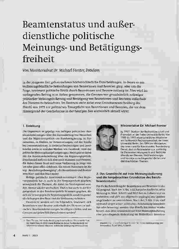 Vorschauseite 1: Beamtenstatus und außerdienstliche politische Meinungsund Betätigungsfreiheit