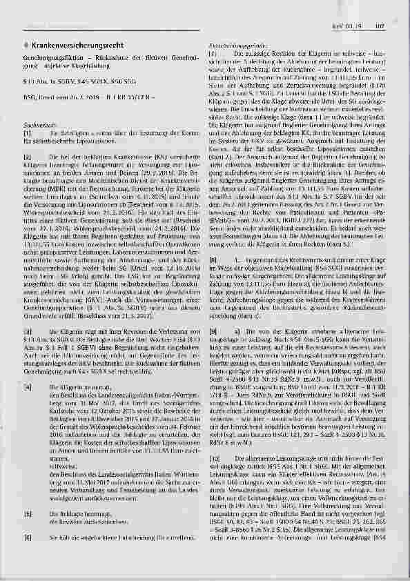 Vorschauseite 1: Krankenversicherungsrecht Genehmigungsfiktion Rücknahme der fiktiven Genehmigung - objektive Klagehäufung §13 Abs. 3a SGBV, §45 SGBX, §56 SGG
