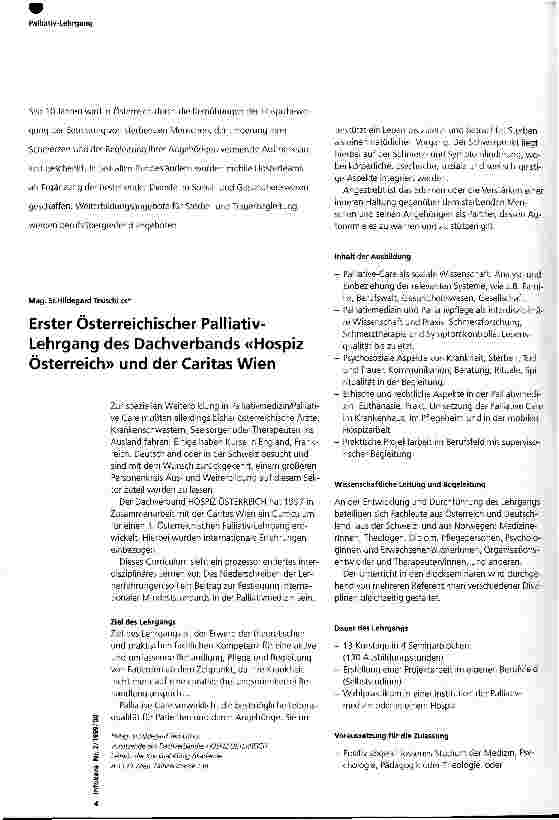 Vorschauseite 1: Erster Österreichischer Palliativ-Lehrgang des Dachverbands Hospiz Österreich und der Caritas Wien