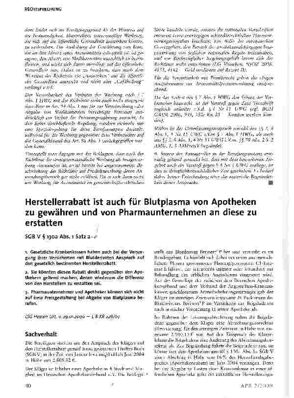 Vorschauseite 1: Herstellerrabatt ist auch für Blutplasma von Apotheken zu gewähren und von Pharmaunternehmen an diese zu erstatten